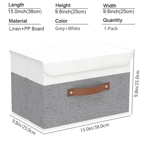 Yawinhe Fabric Storage Boxes with Lids,White/Grey,15.0x9.8x9.8in,1-Pack | Container with Leather Handle,Washable Storage Basket, Clothes Blanket Bin,Collapsible Closet Organizer for Bedroom