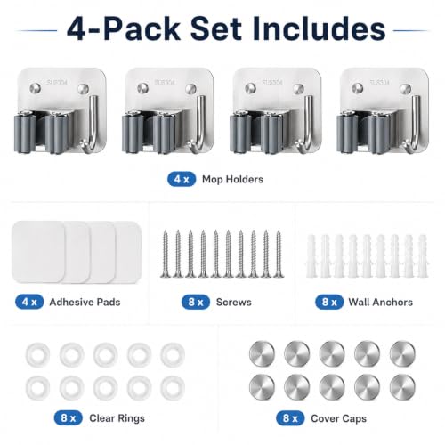 Broom Holder Wall Mount 4 Pack, Heavy Duty Mop and Broom Hanger with Hooks | Innovihue 304 Stainless Steel Broom Hanger, Self Adhesive or Screw Mount Organizer for Kitchen Laundry Garage