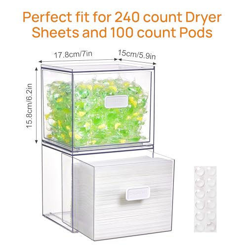 Vtopmart 2 Pack Dryer Sheet Holder and Laundry Pods Container,Clear Stackable Storage Drawers for Washing Powder, Scent Booster Beads, Color Catchers & Wool Balls, Ideal for Laundry Room Organization