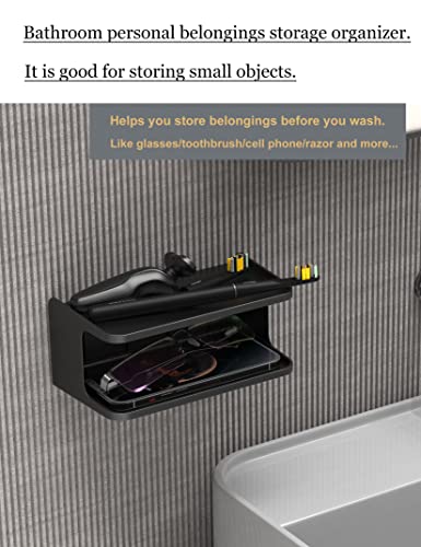 Bedside Wall Shelf Organizer, Small Bedside Shelf, (Black) | Wall Mount for Bed, Stick on Wall Shelf, Double Tray Holder for Storing Cellphone, Glasses, Keys, Camera , Alarm Clock
