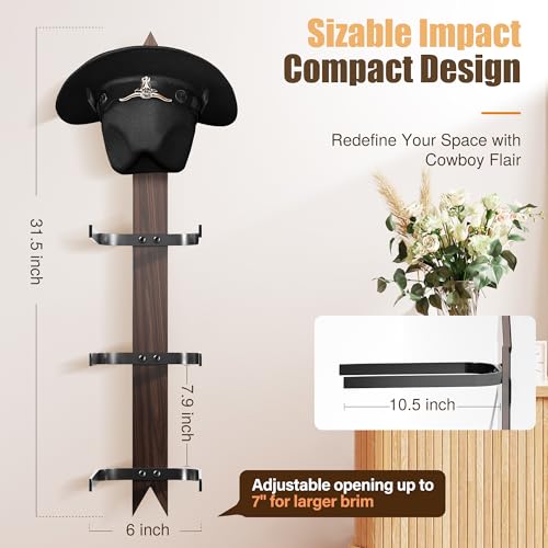 Cowboy Hat Rack Wall Mount - Rustic Wooden Western Metal Cowboy Hat Holder & Hanger Organizer with Arrow Sign Board for Bedroom, Hallway & Doorway - Holds 4 Hats, Fedora, Sun Hats, Gift for Him