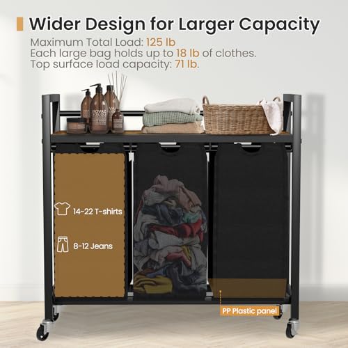 Laundry Sorter, Laundry Hamper 3 Section, 3×11.4Gal, Metal Frame Rolling Laundry Basket with Wooden Top Shelf, Pull out and Removable Laundry Bags, 3 Bags-Black