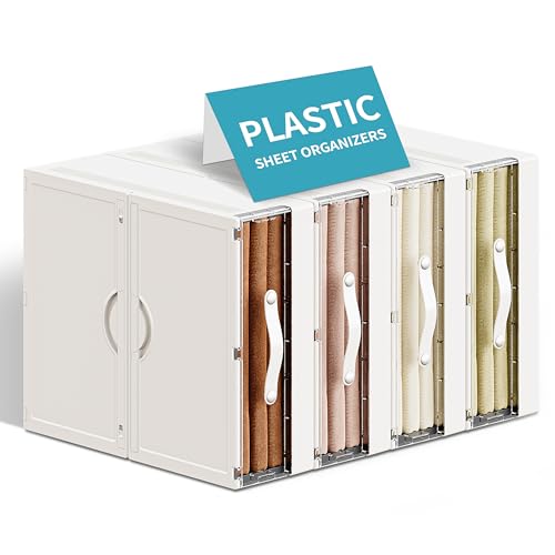 Plastic Bed Sheet Organizers and Storage 4 Pack Sheet Set Storage Organizer, Foldable Linen Closet Organizer with Window, Lockable Storage Bins for for Bedding Sheets, Duvet Covers, Blankets