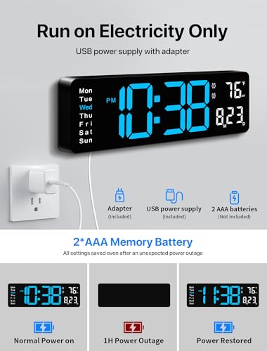 MASHI Digital Wall Clock, 16" Large Display Digital Clock with Remote Control, Auto-Dimming Wall Clock with Night Light, DST, Date Week,Temp for Living Room, Bedroom, Decor, for Elderly