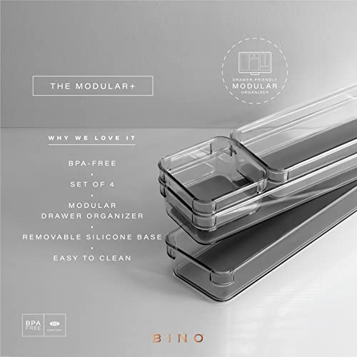BINO | 4-Piece Drawer Organizer Bin Set - Grey, Small | THE MODULAR+ | Multi-Purpose Storage | Soft-Grip Lining and Non-Slip Rubber Feet | Durable | BPA-Free | Desk Drawer Organizer | Vanity