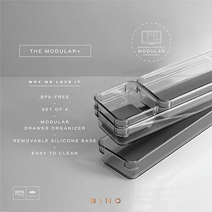BINO | 4-Piece Drawer Organizer Bin Set - Grey, Small | THE MODULAR+ | Multi-Purpose Storage | Soft-Grip Lining and Non-Slip Rubber Feet | Durable | BPA-Free | Desk Drawer Organizer | Vanity