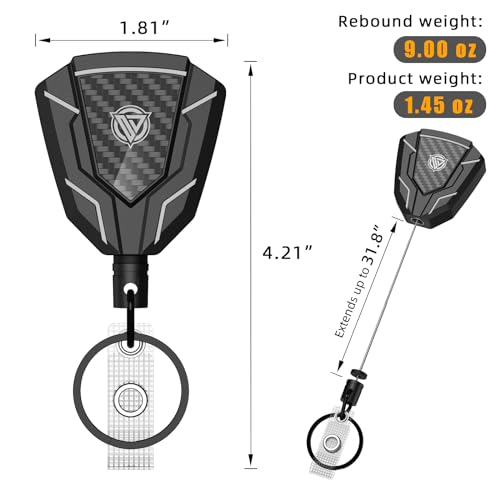 Heavy Duty Retractable Keychain with Belt Clip, Carbon Fiber Front | Retractable Badge Holders, Badge Reels with Key Ring and 31.8” Steel Cord, 9oz Rebound - 2 Packs
