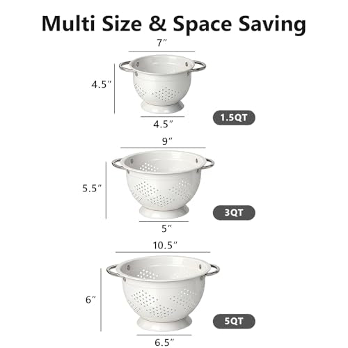 Colander Set for Kitchen, 1.5, 3, 5 Qt Food Strainers and Colanders | Stainless Steel Handle,Strainers and Colanders For Pasta, Vegetables, and Fruits, Coated Metal, Kitchen Essential
