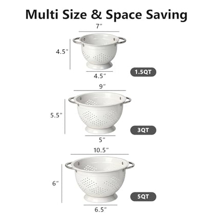 Colander Set for Kitchen, 1.5, 3, 5 Qt Food Strainers and Colanders | Stainless Steel Handle,Strainers and Colanders For Pasta, Vegetables, and Fruits, Coated Metal, Kitchen Essential