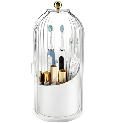 Bathroom Toothbrush Holder Organizer, 360° Rotating Toothbrush Storage Caddy with Dustproof Cover, Countertop Toothpaste Holder for Electric Toothbrushes, Makeup Brushes