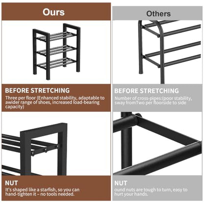Upgraded 3-Tier Expandable Shoe Rack, Adjustable Shoe Shelf Storage Organizer Heavy Duty Metal Free Standing Shoe Rack for Entryway Closet Doorway (Black)