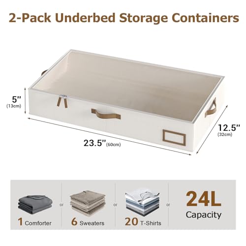 Under Bed Storage, Under Bed Storage Containers Bins for Clothes, Large Linen Underbed Closet Organization Bins, 2 Pack Collapsible Underbed Bin Dorm for Clothes, Sweater, Beige