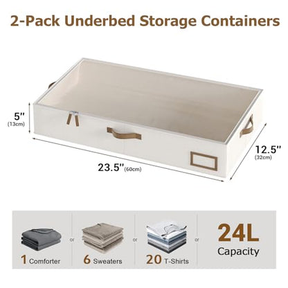 Under Bed Storage, Under Bed Storage Containers Bins for Clothes, Large Linen Underbed Closet Organization Bins, 2 Pack Collapsible Underbed Bin Dorm for Clothes, Sweater, Beige