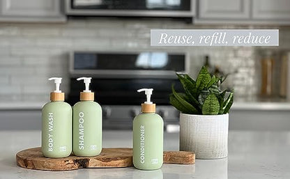 OLLIES Shampoo and Conditioner Dispenser, Shower Soap Dispenser for Bathroom, Set of 3 with Permanent Stylish Label, 17oz, 500ml Refillable Shampoo and Conditioner Bottles Green