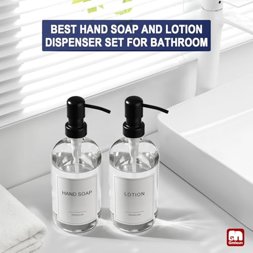 GMISUN Glass Soap Dispenser with Pump, 2 Pack Clear Bathroom Hand Soap Dispenser with Stainless Steel Pump, 17 Fl Oz Refillable Kitchen Hand and Dish Soap Dispensers Set, Modern Liquid Pump Bottles