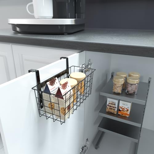 Basket with Hook, Grid Storage Basket, Over the Cabinet Door Organizer, Wire Hanging Basket with Hook Over the Railing, Under Sink Kitchen Cabinet, Pantry, Bathroom, Black, 2 Pack