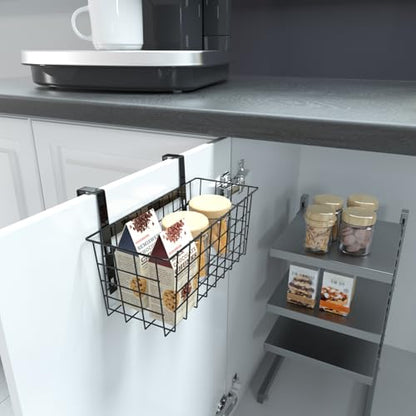 Basket with Hook, Grid Storage Basket, Over the Cabinet Door Organizer, Wire Hanging Basket with Hook Over the Railing, Under Sink Kitchen Cabinet, Pantry, Bathroom, Black, 2 Pack