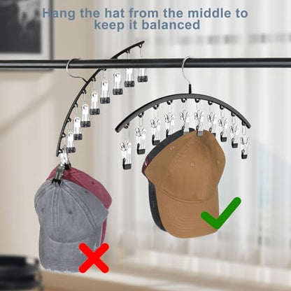 Hat Hangers for Closet,Hat Organizer Racks for Base Ball Caps 2 Pack | Metal Door Hats Racks for Baseball Cap with 10 Large Clips, Baseball Hat Holder for Closet Storage, Fits All Cap-Black