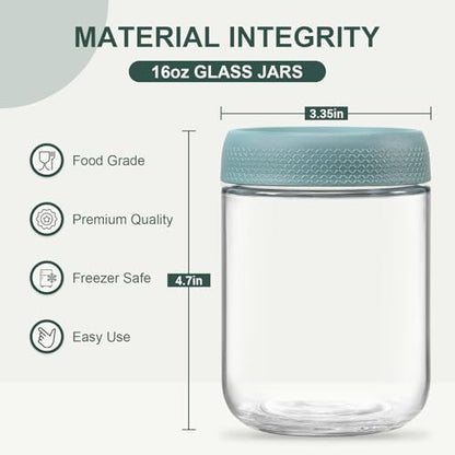 NETANY 4-pack 16oz Glass jars with Airtight Lids, Overnight Oats Containers with Lids, Wide mouth Mason Salad jars, Glass Food Storage Containers for Snacks Yogurt Spice Sugar