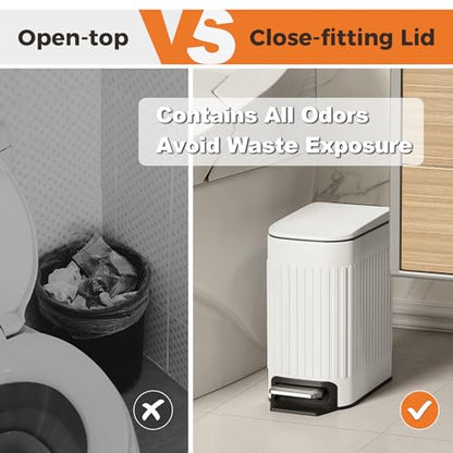 Slim Bathroom Trash Can with Lid Soft Close & Pedal, 1.6Gal, White | Removable Inner Bucket, Stainless Steel Garbage Can, Small Wastebasket for Toilet/Office/Bedroom, Retro Design, Odor Control