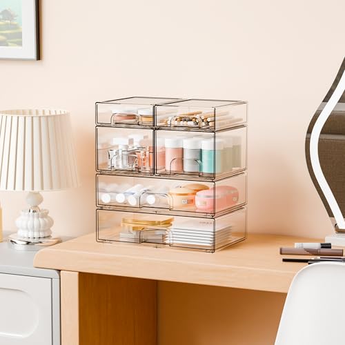 Clear Stackable Storage Drawers - Set of 6 - Acrylic Drawers,Bathroom Organizer Bin and Plastic Makeup Organizer,Clear Stacking Brightroom Storage Boxes for Vanity,Cabinet,Pantry Organization