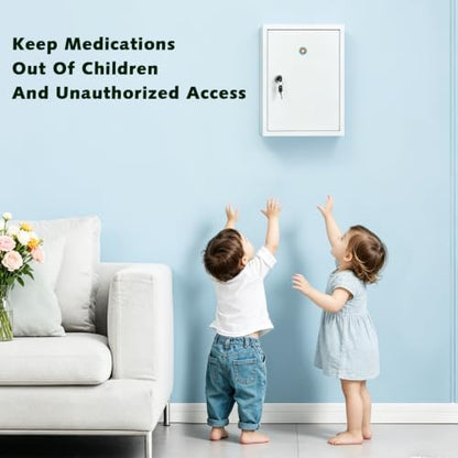 KYODOLED Wall Mount Locking Medicine Cabinet, Large Capacity First Aid Cabinet for Bathroom, Medicine Cabinet with Key, Secure Steel Lock Box for Medication, 15.75" H x 11.82" W x 4.72" D, White
