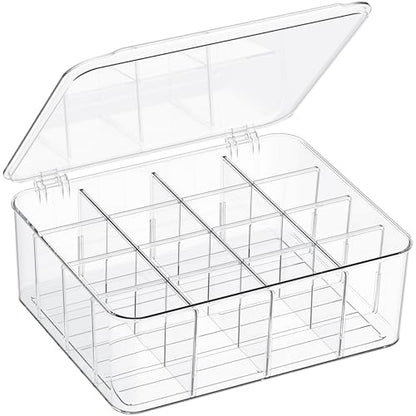 Sock Underwear Organizer, 16 Compartment Adjustable Dividers Tie Socks Underwear Drawer Organizers for Closet, Clear Plastic Storage Containers Box with Lids for Ties Scarf Socks Bras
