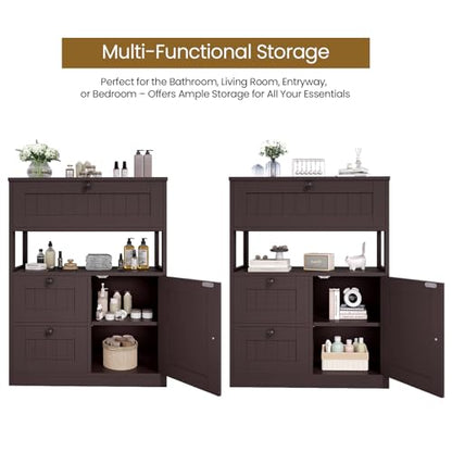 Bathroom Cabinet, Modern Bathroom Floor Storage Cabinet Organizer with 1 Door and 3 Drawers, Freestanding Cupboard for Kitchen/Living Room Use