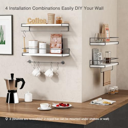 Forbena White Floating Shelves for Bathroom Organizer Over Toilet, Bathroom Shelves Wall Mounted with Towel Rack, Corner Wall Shelf for Bedroom Decor Kitchen Storage (White-Dark Grey, Set of 2)