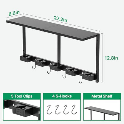 CCCEI Broom and Mop Wall Mount with Shelf, Laundry Room Cleaning Tools Organization Hanging Rack with Hooks, Bathroom, Garage, Garden Organizers and Storage. All Metal, Black, 1 Pack.
