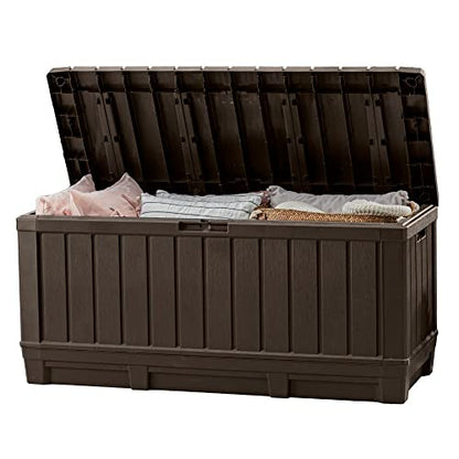 Keter Kentwood 92 Gal Outdoor Storage Box for Patio and Pool Accessories | Brown, Resin, Large, Weatherproof, Lockable, Durable, Easy Assembly, Organization, Patio Cushions Storage