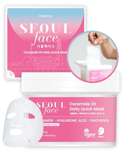 DERMAL Korean Ceramide 5-Minute Daily Sheet Mask Dispenser, 36 Count | 5 ceramides + multi-form hyaluronic acid for 5-minute makeup prep; 36 pull-out lyocell sheets with built-in tweezers