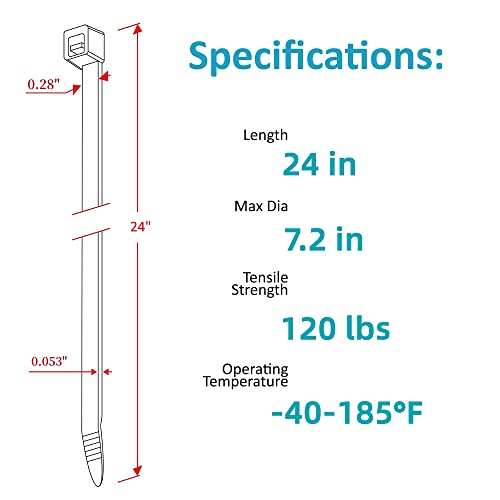 Large Zip Ties Heavy Duty Outdoor 24 inch (50 Pack), Heavy Duty Zip Ties 120 lbs Tensile Strength Outdoor UV Resistant,Awnings Tying Branches Bundling of Crops Fixed Water Pipes