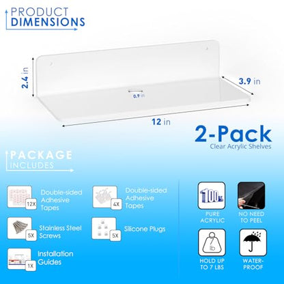 White Acrylic Floating Shelves Set of 2 - Damage Free Expand Wall Space - 12 Inch Wall Shelves with Strong Adhesive for Bathroom, Bedroom, etc
