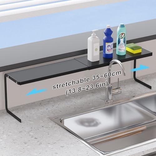Extendable Small Narrow Shelf for Windowsill Kitchen, Spice Rack Organizer | Black, 1pc, Stackable, Tall Windowsill Plant Shelf, For Narrow Space Countertop Storage, Sturdy & Durable, Holds Up to 33 lbs