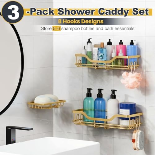 OMAIRA 3-Pack Shower Caddy with Soap Holder, Adhesive Rustproof No-drill Strudy Loading Inside Shower Organizer Shelves Rack Storage Bathroom Organization for Smooth Wall Glass Tile, (Gold)