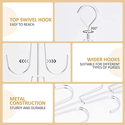 2 Pack Purse Organizer for Closet, Rotatable Purse Hanger Bag Holder, Max 16 Storage Capacity Backpack Rack, Metal Space Saving Hanger, Silver