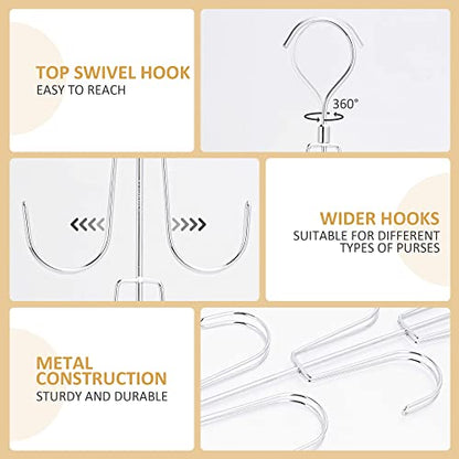 2 Pack Purse Organizer for Closet, Rotatable Purse Hanger Bag Holder, Max 16 Storage Capacity Backpack Rack, Metal Space Saving Hanger, Silver