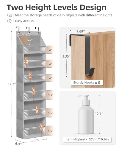 STORAGE MANIAC Over the Door Organizer 6-Shelf Closet Hanging Storage with 14 Mesh Pockets, 66lbs Capacity Clear Deep Pockets Behind Door Storage for Nursery, Bathroom, Bedroom, 1 Pack Grey