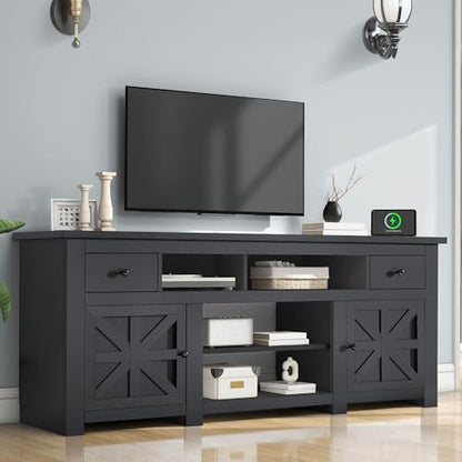 DWVO Farmhouse TV Stand with Power Outlet for 75"/80" TVs, Black | Entertainment Centers Furniture, TV Consoles with Storage Drawers, Rustic TV Stands for Living Room