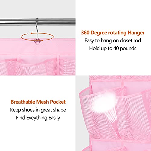 MISSLO 30 Large Pockets Dual Sided Hanging Shoe Organizer for Closet with Rotating Hanger Hanging Shoe Shelves, Pink