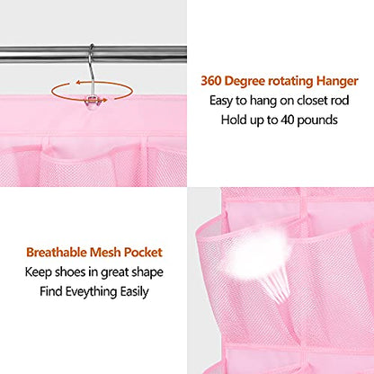 MISSLO 30 Large Pockets Dual Sided Hanging Shoe Organizer for Closet with Rotating Hanger Hanging Shoe Shelves, Pink