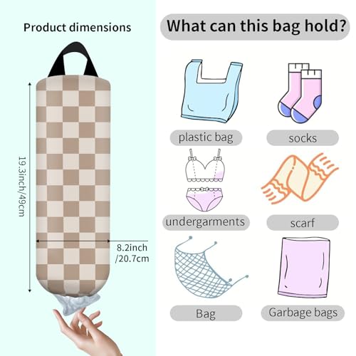 Plastic Bag Holder, Wall Mount Grocery Bag Organizer, Funny Hanging Trash Storage Dispenser for Home Kitchen Cute Brown Checkboard