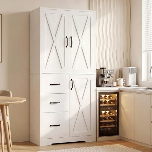 Pantry Cabinet, Kitchen Storage Cabinet with 3 Doo... (White | Engineered Wood)