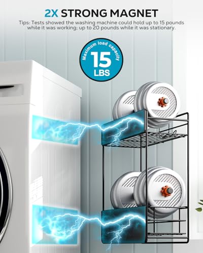 Nieifi Magnetic Shelves for Washing Machine, Magnetic Laundry Organizer | Heavy duty, 2 tier, pull out drawer, 2 hooks, dryer organizer, laundry room storage, magnetic spice rack, black