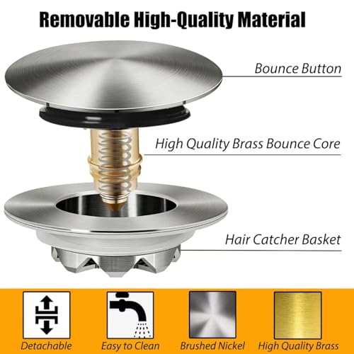 Anlige Bathtub Drain Stopper, Pop Up Tub Stopper and Cover, Bottom with Hair Catcher, Universal for 1.45 in to 1.8 in Drain, Replaces Old Drain Plug, Brushed Nickel