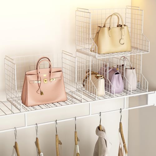 Purse Organizer for Closet:Adjustable 2-Pack Dividers Purse Organizer-Stackable Wire Handbags Storage Baskets-Open Cabinets Wallets Tote Chain Bags Clutches-White