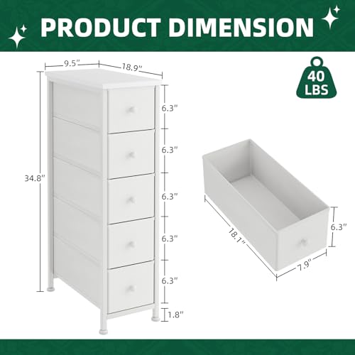 Narrow Dresser, 19" Wide Narrow Nightstand Dresser Storage Tower with 5 Drawers, Slim Fabric Dressers Chest of Drawers for Small Spaces, Wood Top & Fabric Bins for Bedroom Bathroom Closet (White)