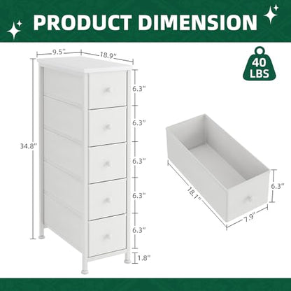Narrow Dresser, 19" Wide Narrow Nightstand Dresser Storage Tower with 5 Drawers, Slim Fabric Dressers Chest of Drawers for Small Spaces, Wood Top & Fabric Bins for Bedroom Bathroom Closet (White)
