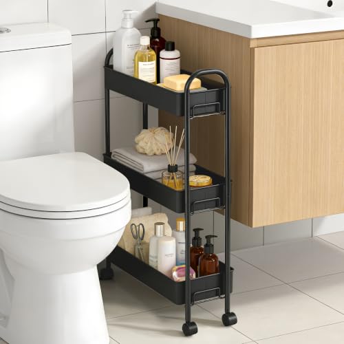 Slim Rolling Cart, Metal Frame Utility Rolling 3-Tier Narrow Storage Cart | Kitchen Storage Organizer, Mobile Shelving Unit for Bathroom Kitchen